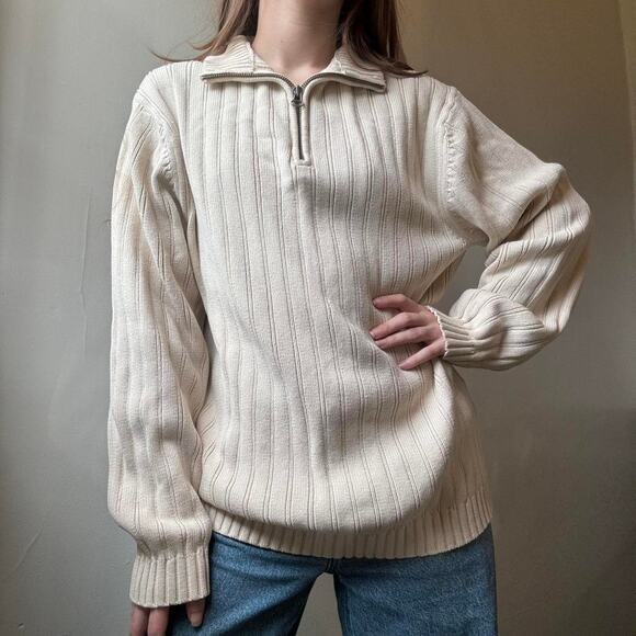 Vintage Hathaway Cream Knit 3/4 Zip Sweater Medium Cotton Preppy Fall Winter - Picture 1 of 2